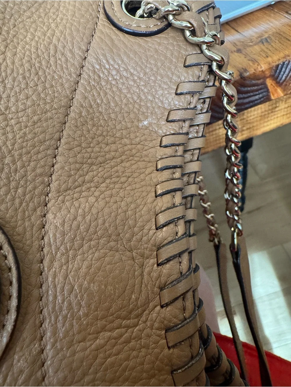 Tory Burch Tan Whipstitch Leather Shoulder Bag with Chain Straps
